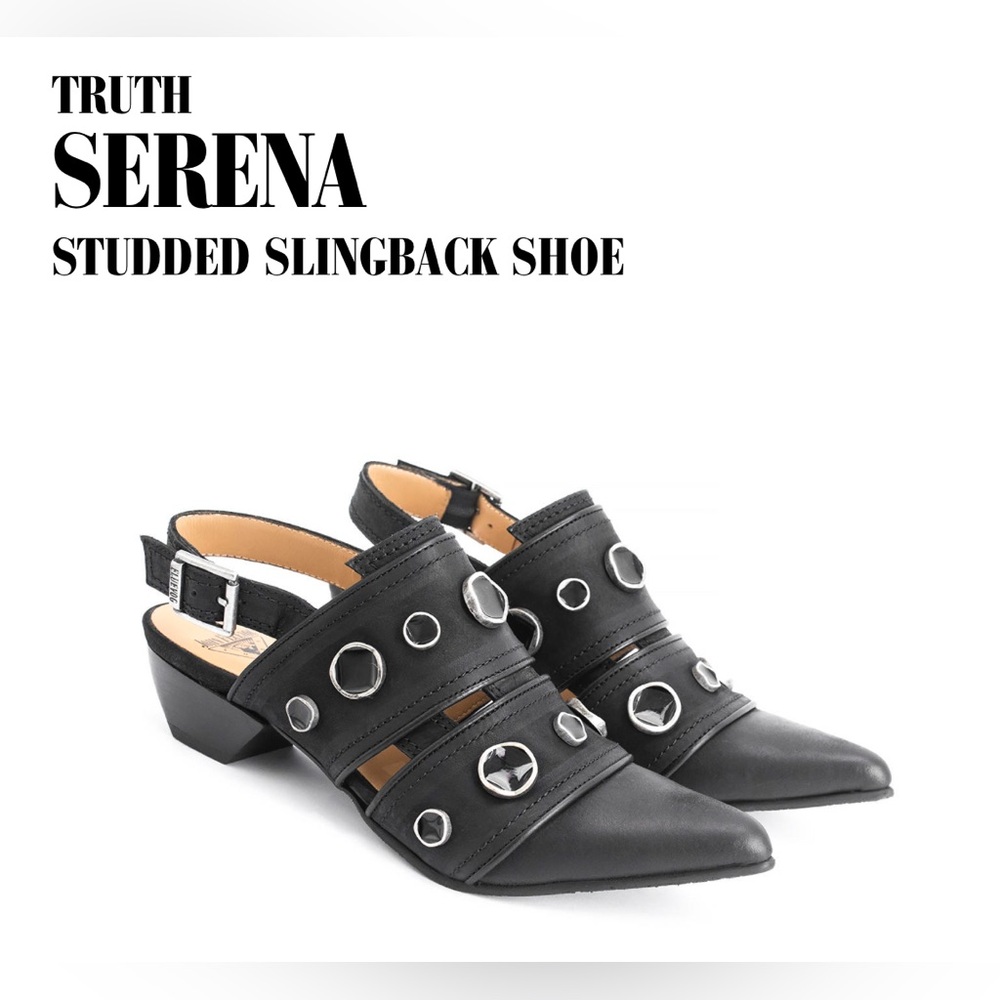 John Fluevog Serena-Truth studded slingback black leather jeweled shoes size 11
